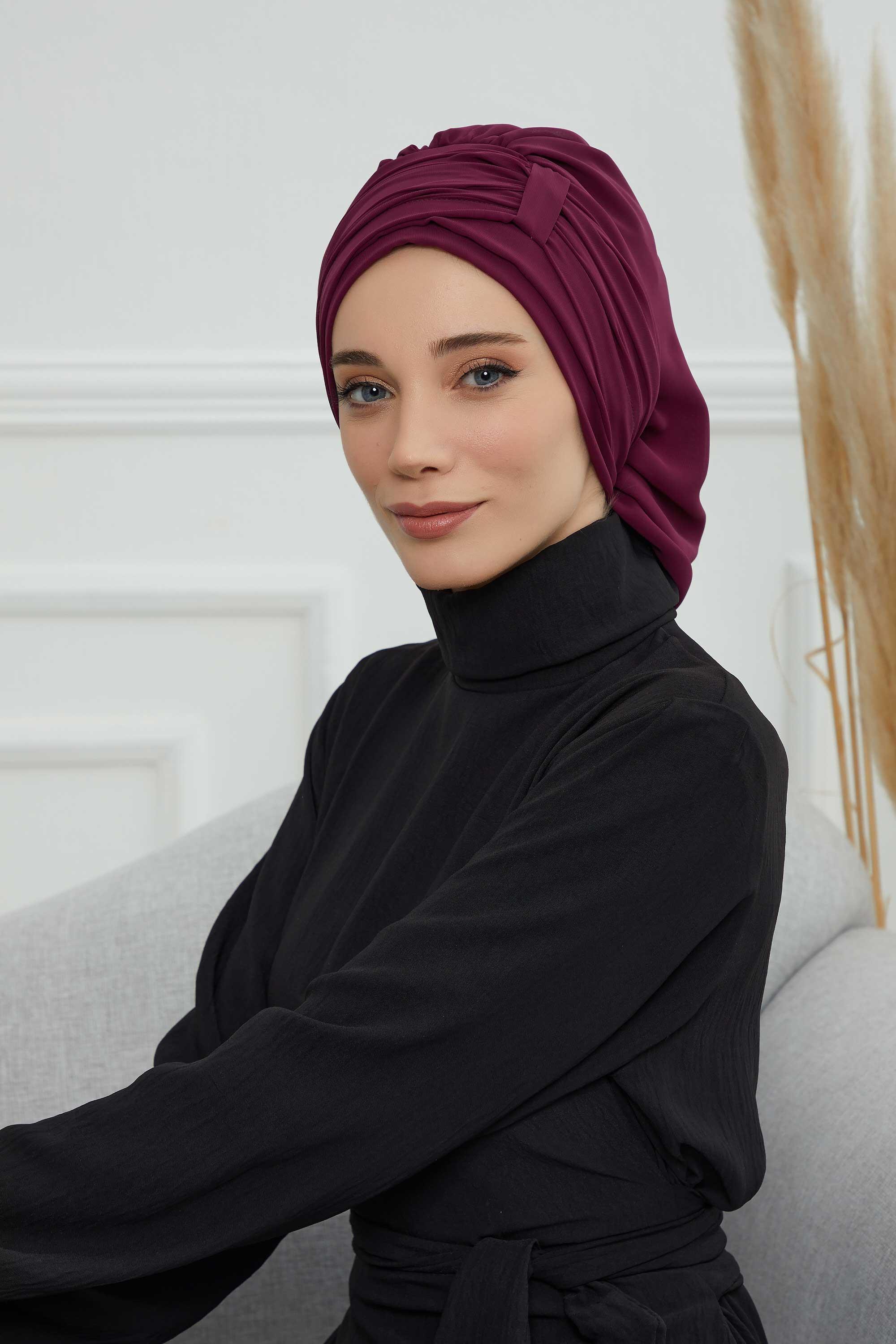 Pileli Tasarım Şifon Hazır Türban,HT-107,HT-107 Mürdüm