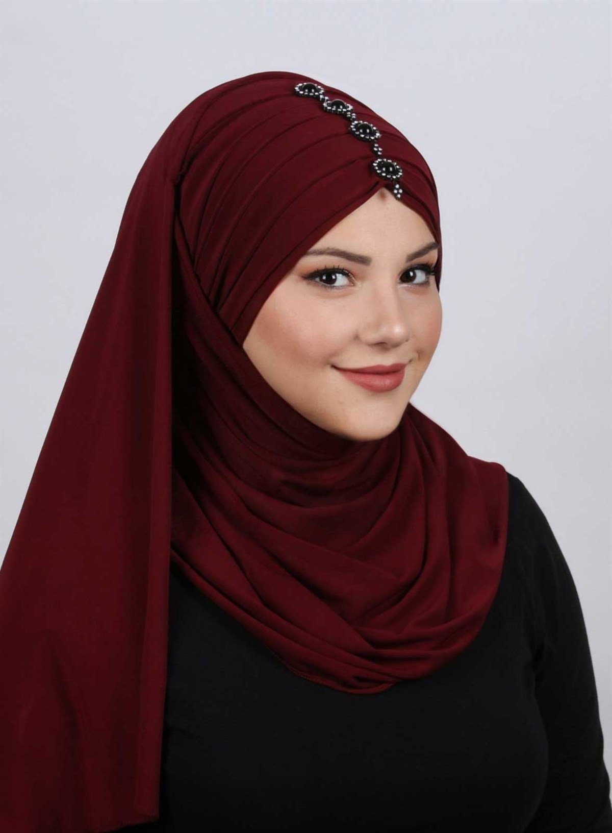 Pileli Taşlı Şal  Bordo