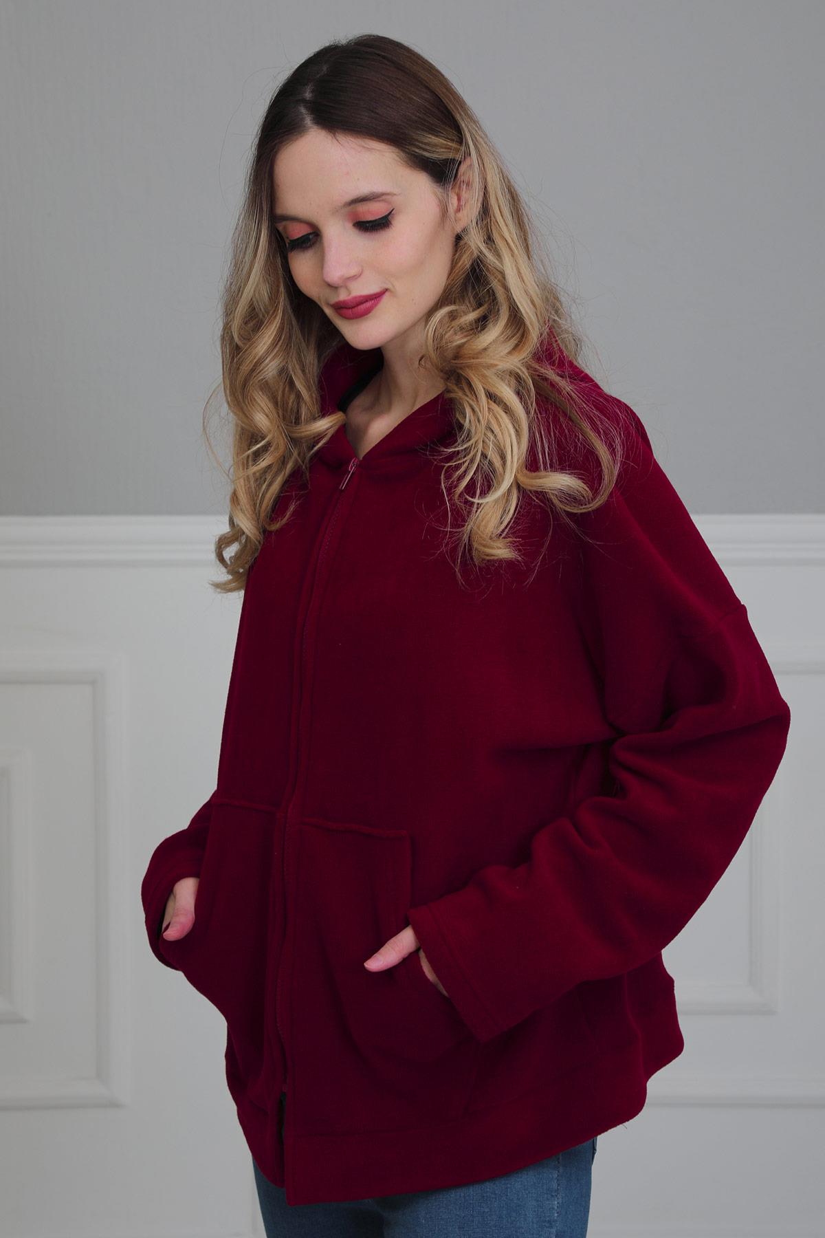 Kapüşonlu Fermuarlı Cepli Polar Sweatshirt,SW-3 Bordo