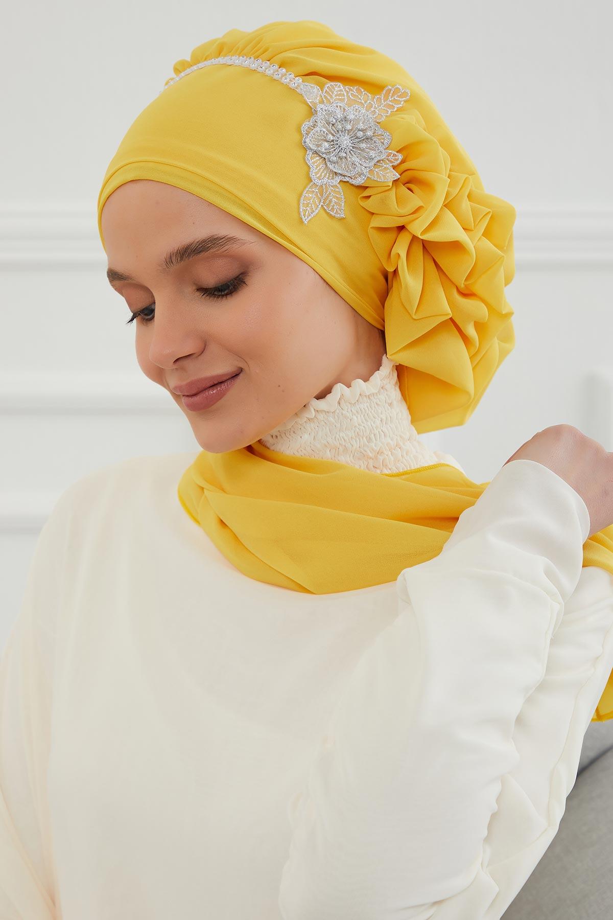 Taşlı Çiçek Aksesuarlı Tasarım Şifon Hazır Türban,HT-62 Sarı