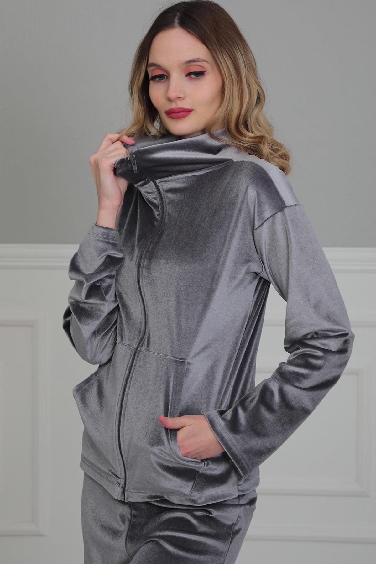 Fermuarlı Cep Detay Kadife Sweatshirt,SW-2 Gri