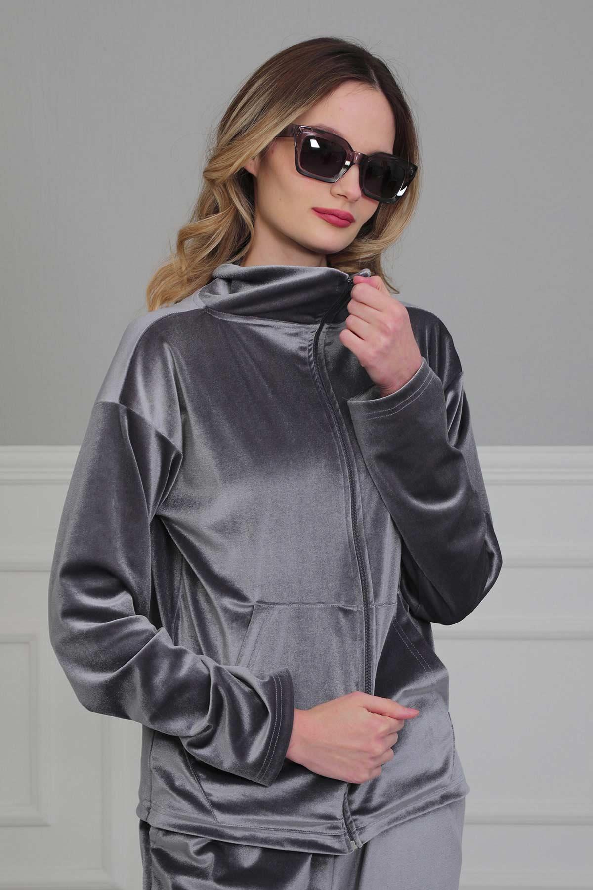 Fermuarlı Cep Detay Kadife Sweatshirt,SW-2 Gri