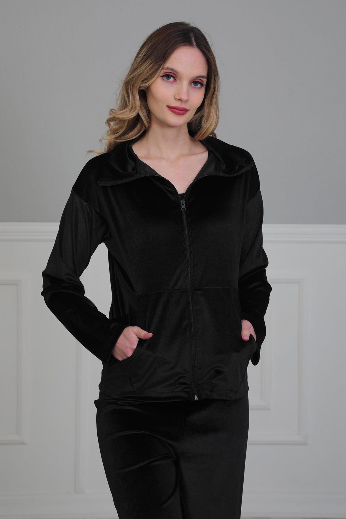 Fermuarlı Cep Detay Kadife Sweatshirt,SW-2 Siyah