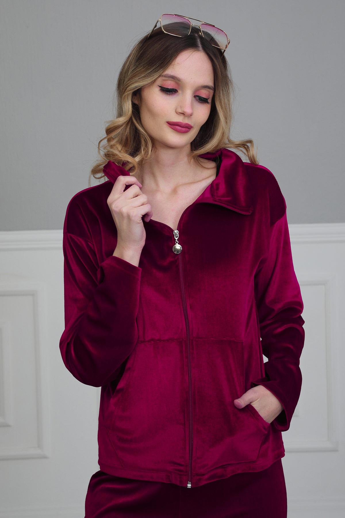 Fermuarlı Cep Detay Kadife Sweatshirt,SW-2 Vişne Çürüğü