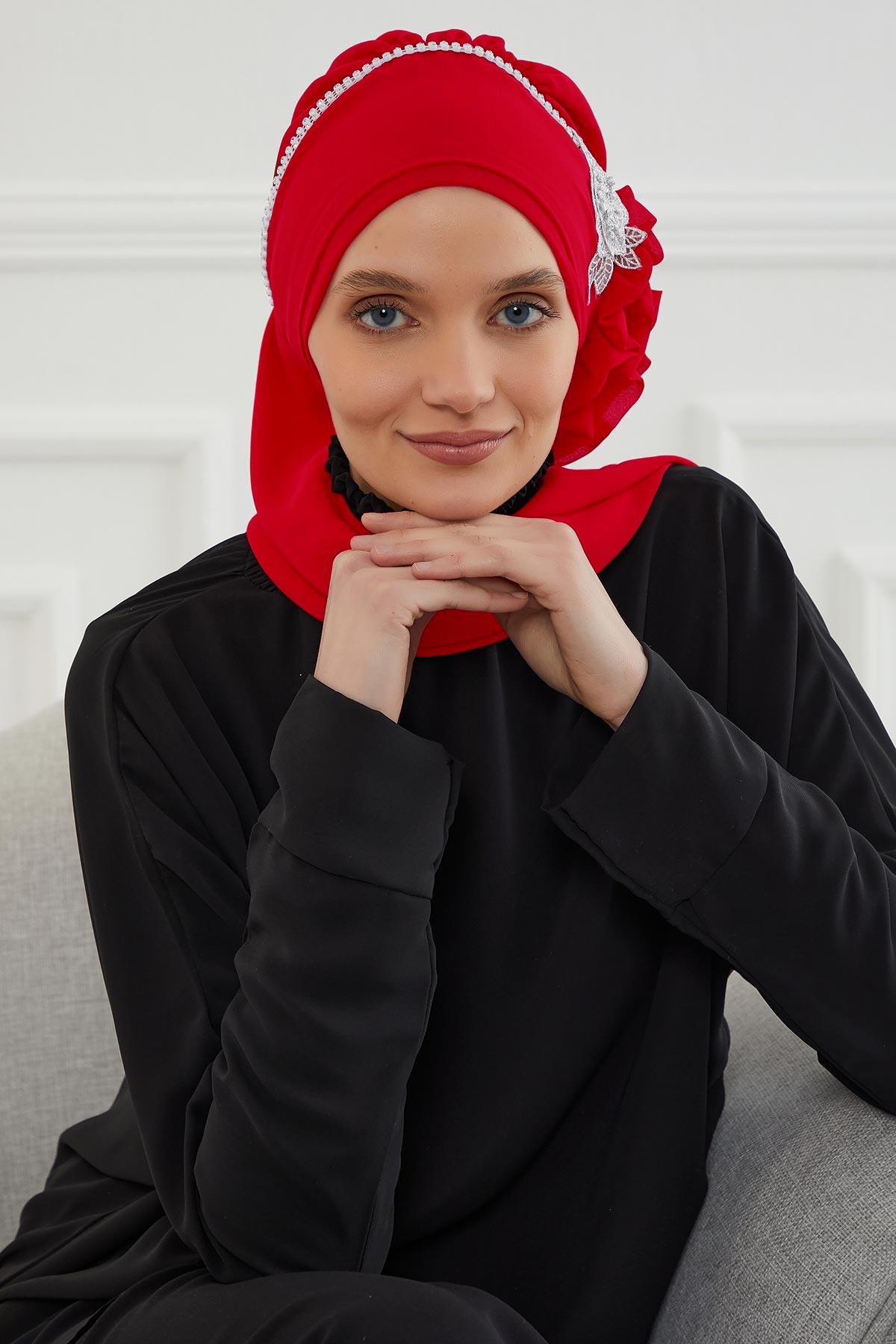 Taşlı Çiçek Aksesuarlı Tasarım Şifon Hazır Türban,HT-62 Bordo