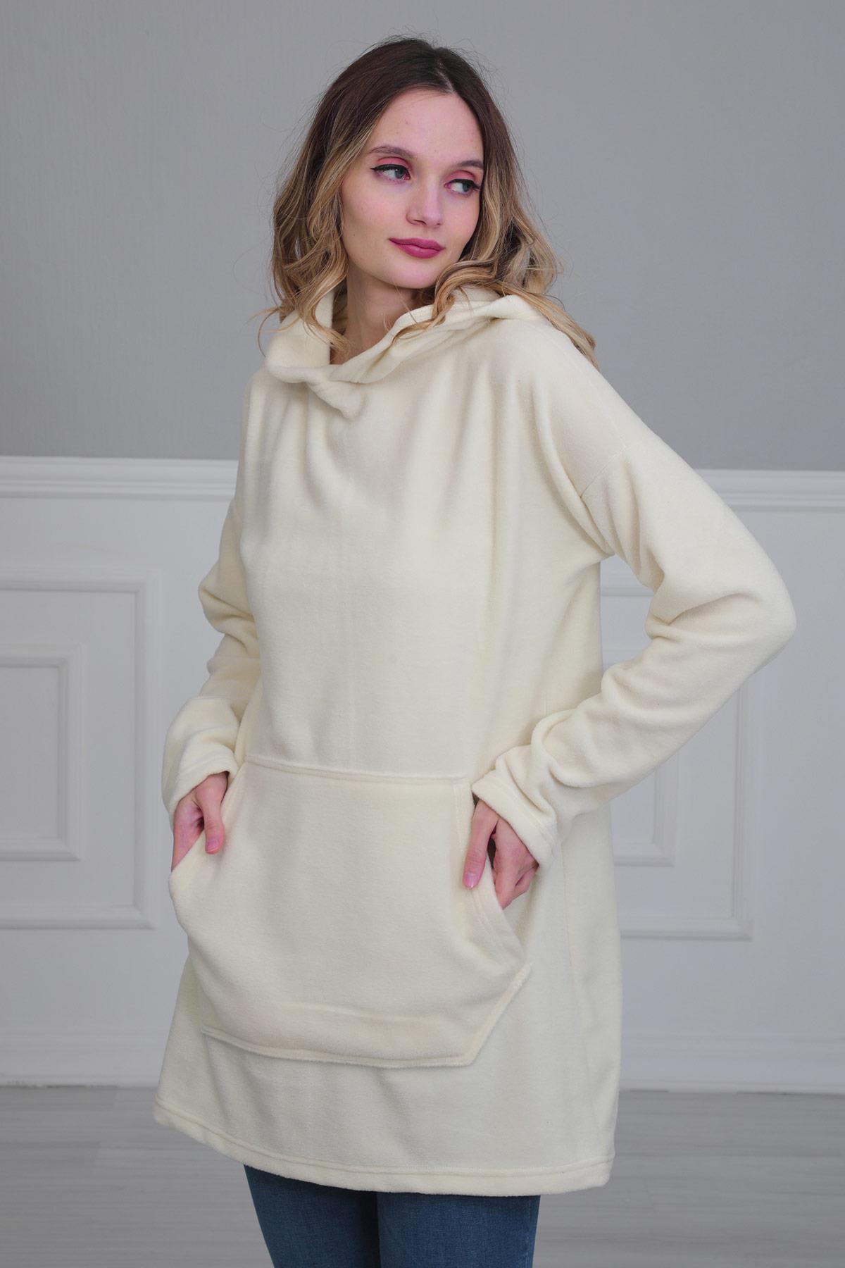 Önden Cepli Polar Sweatshirt,SW-1PL Krem