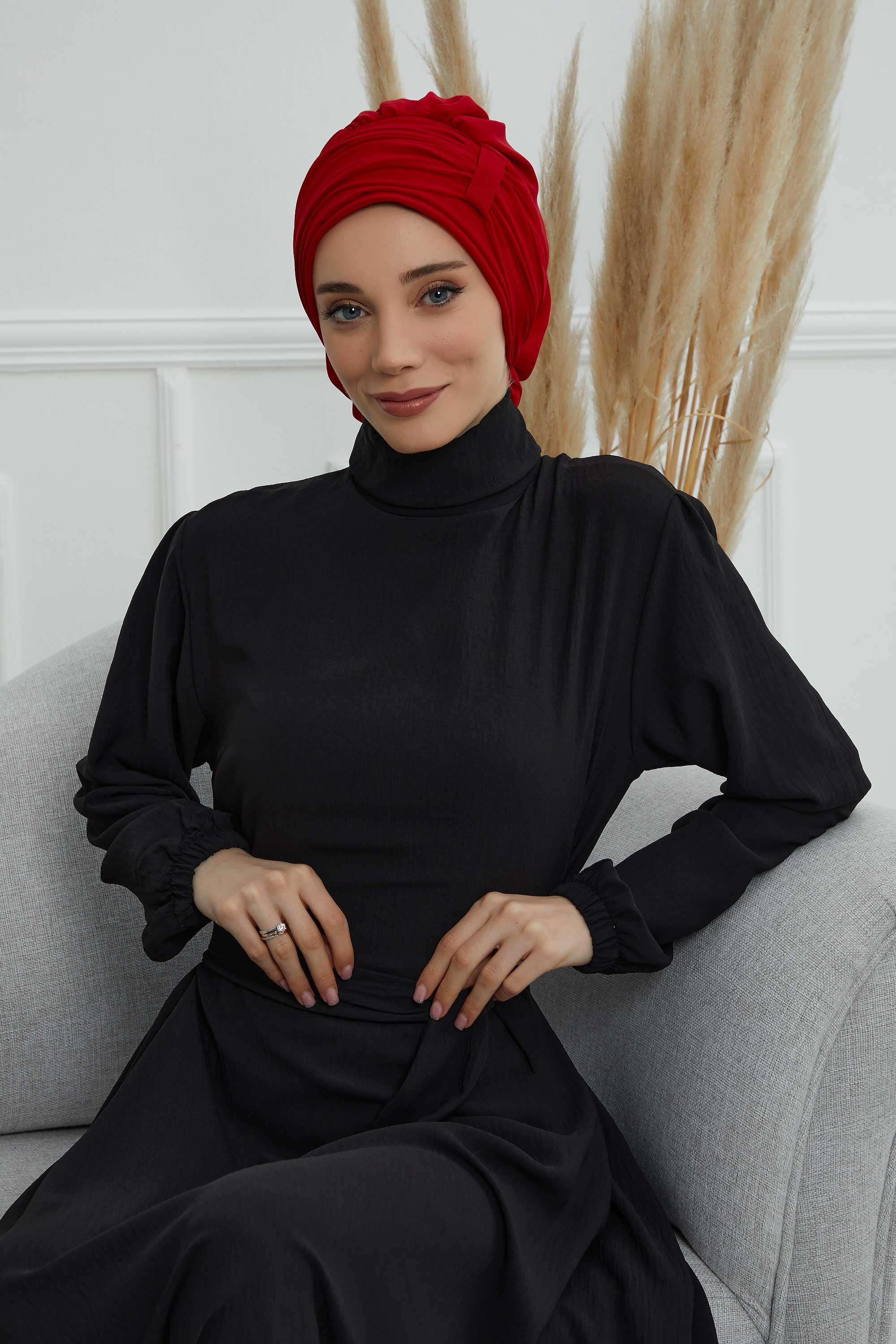 Pileli Tasarım Şifon Hazır Türban,HT-107,HT-107 Kırmızı