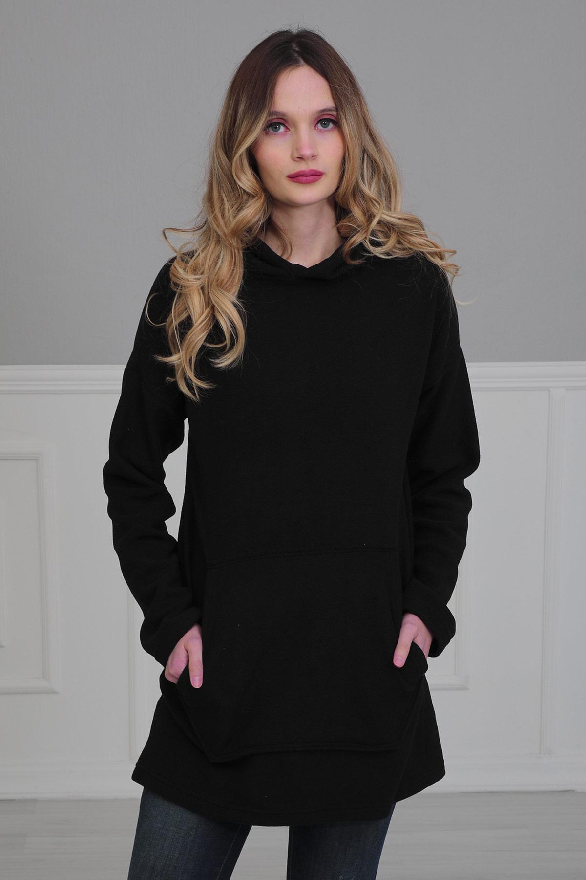 Önden Cepli Polar Sweatshirt,SW-1PL Siyah