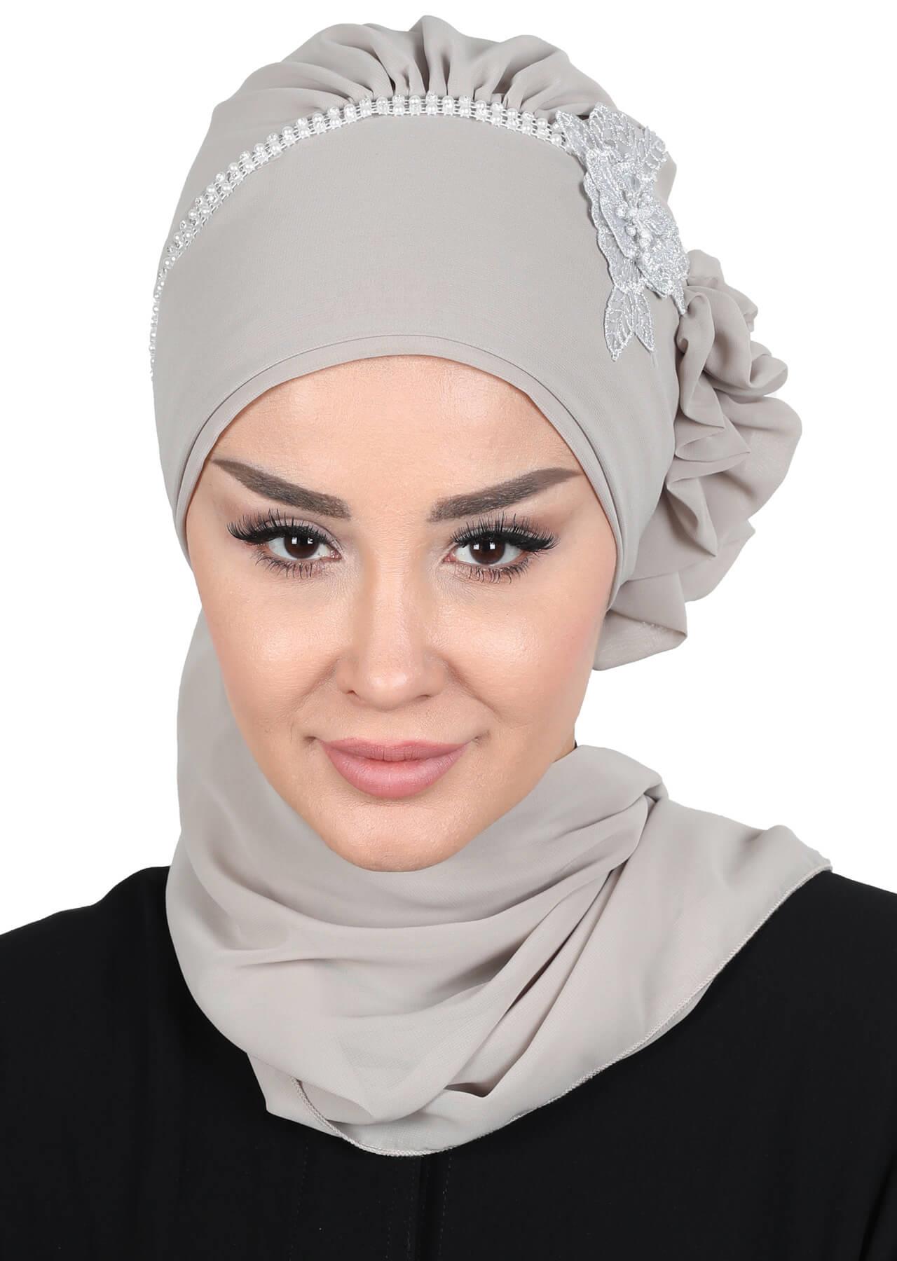 Taşlı Çiçek Aksesuarlı Tasarım Şifon Hazır Türban,HT-62 Vizon