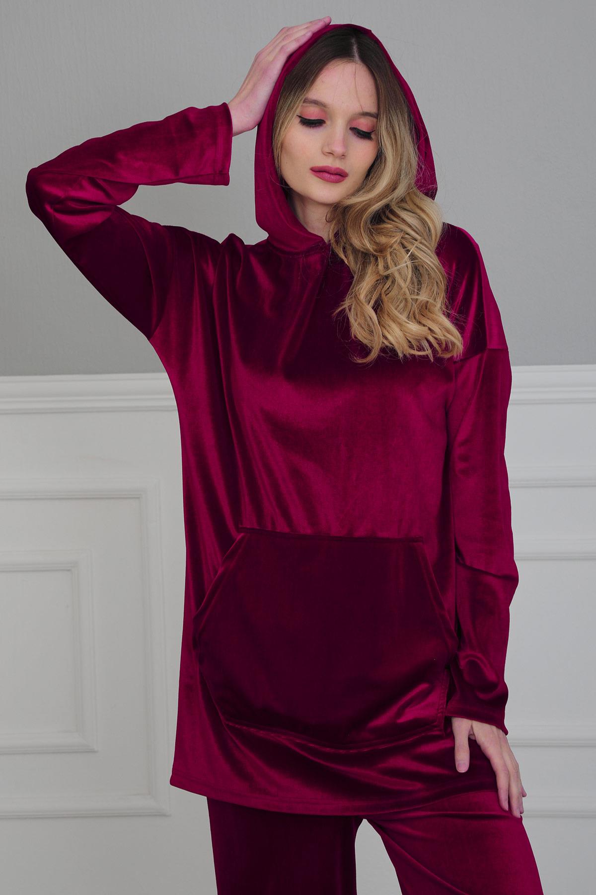 Önden Cepli Kadife Sweatshirt,SW-1KD Vişne Çürüğü