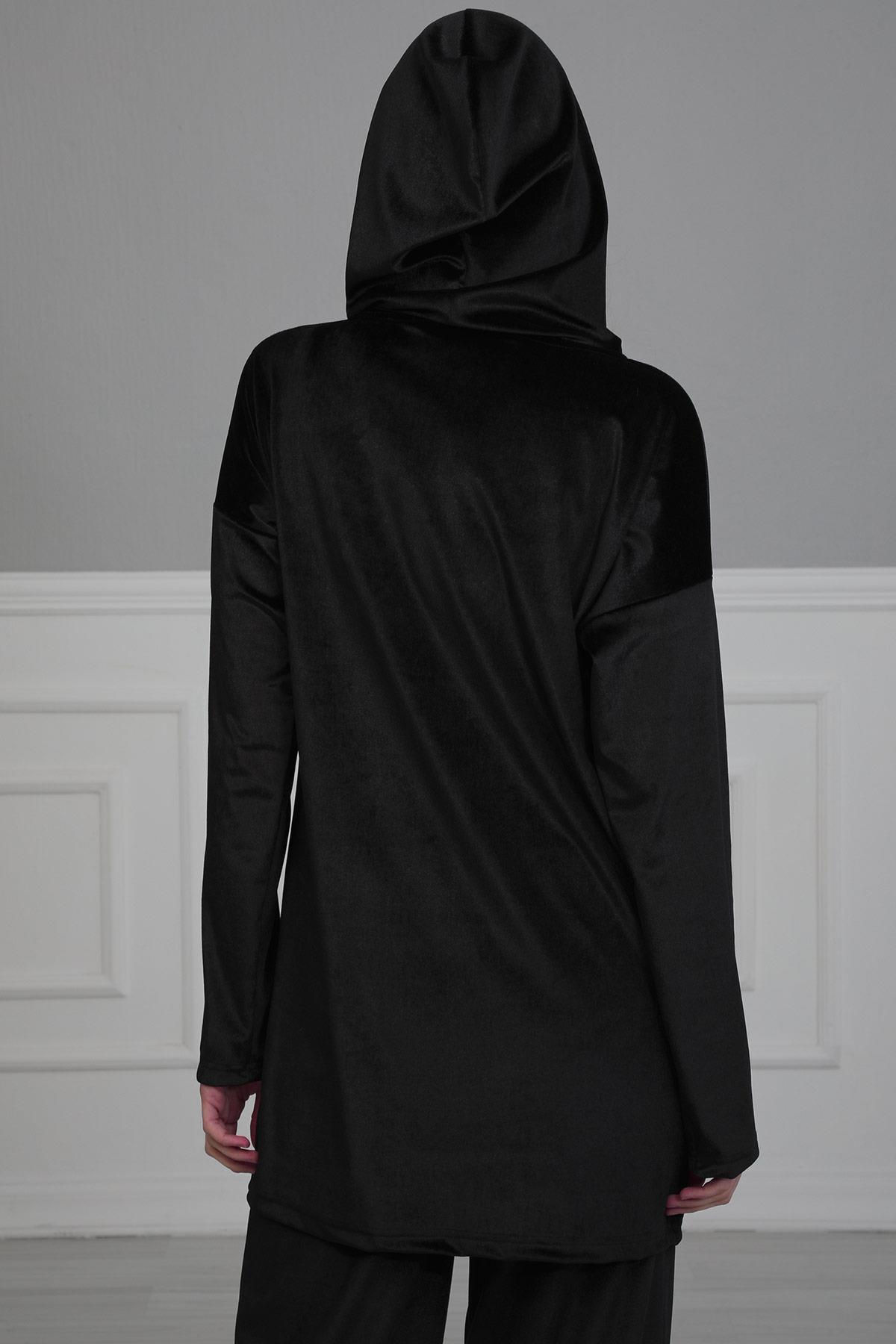 Önden Cepli Kadife Sweatshirt,SW-1KD Siyah