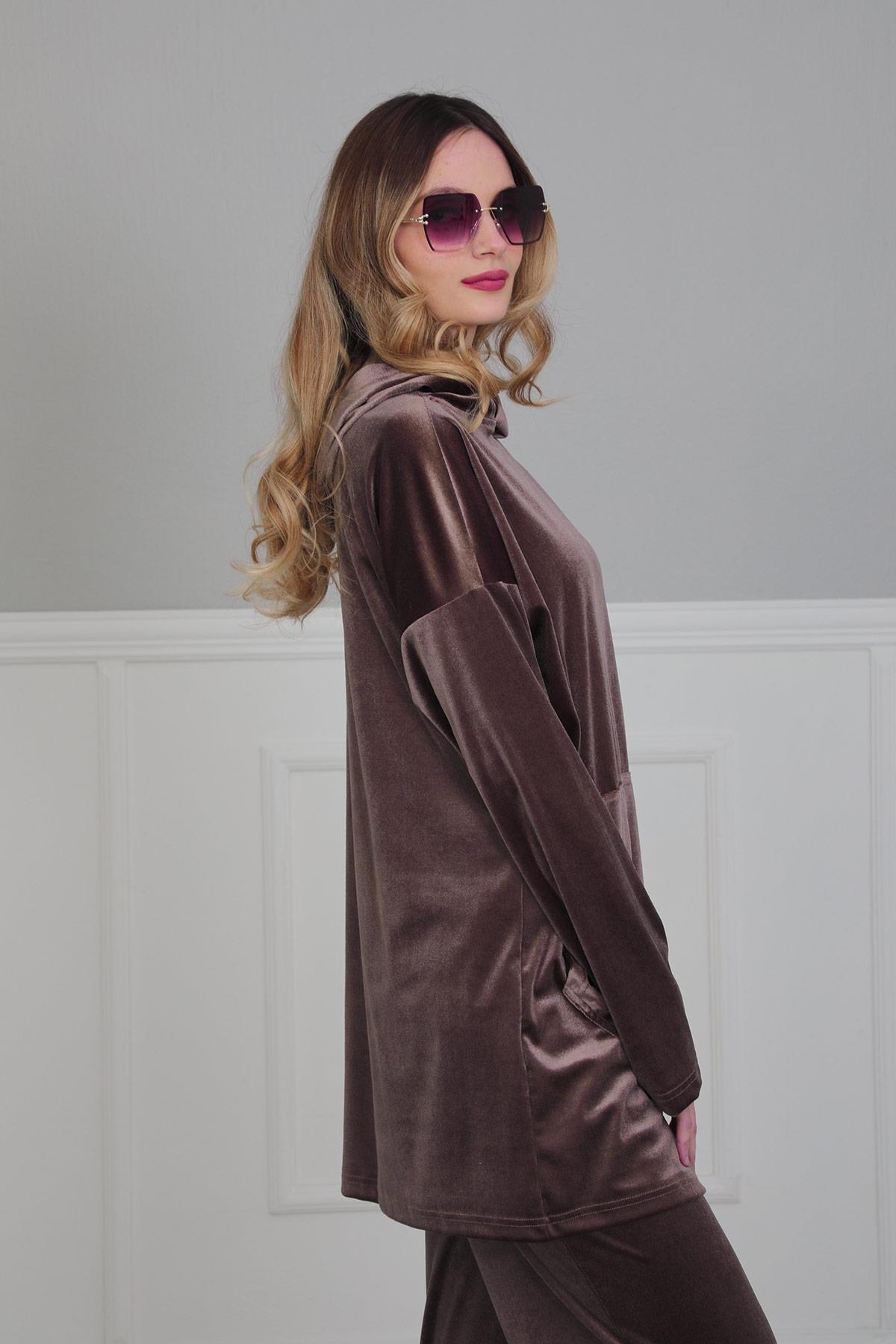 Önden Cepli Kadife Sweatshirt,SW-1KD Vizon