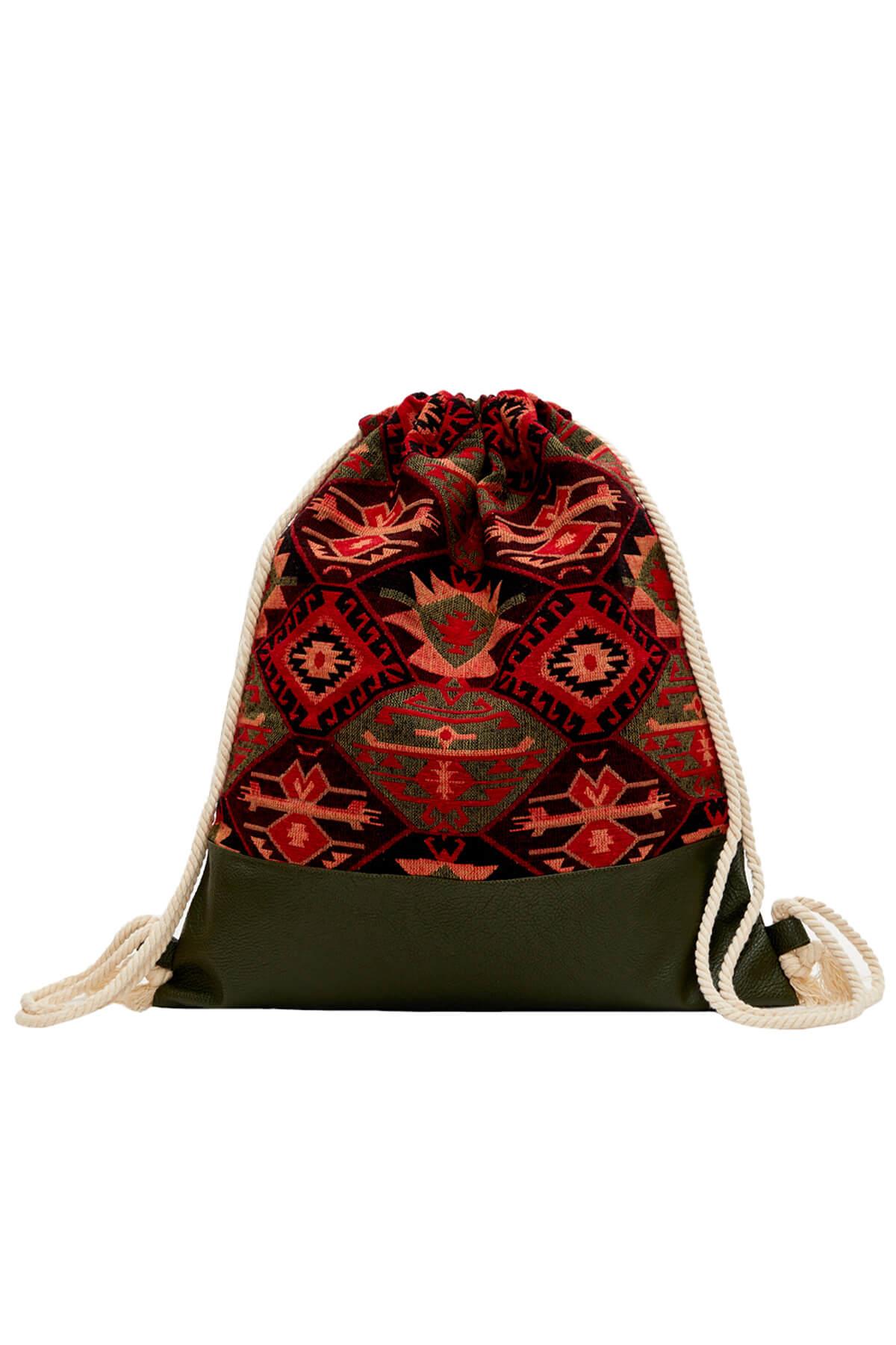 Deri Detaylı Etnik Desenli Sırt Çantası,CS-4 Kilim 1 Desen - Petrol Yeşili