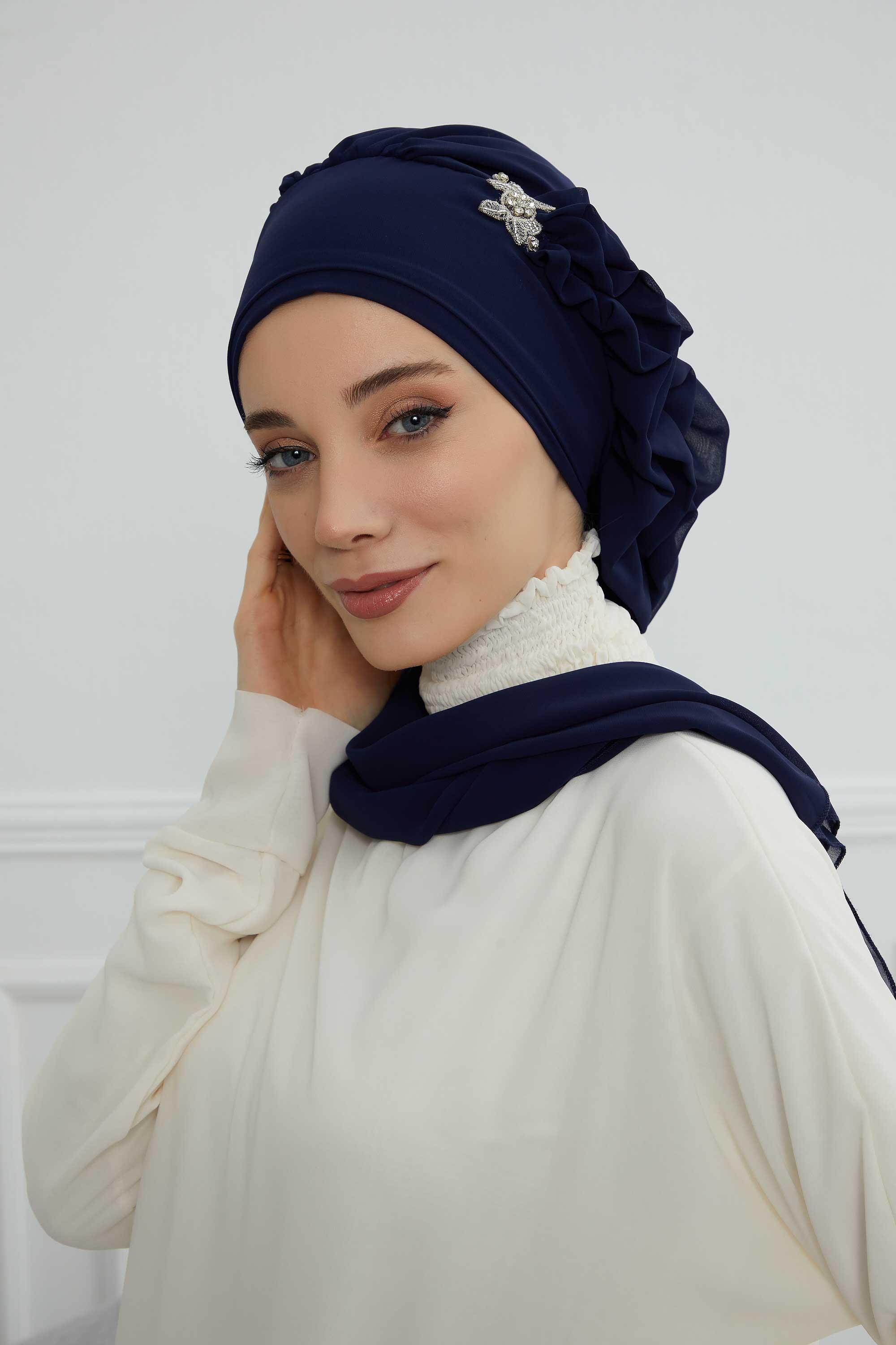 Yandan Fırfırlı Gümüş Aksesuarlı Şifon Hazır Türban,HT-106,HT-106 Lacivert