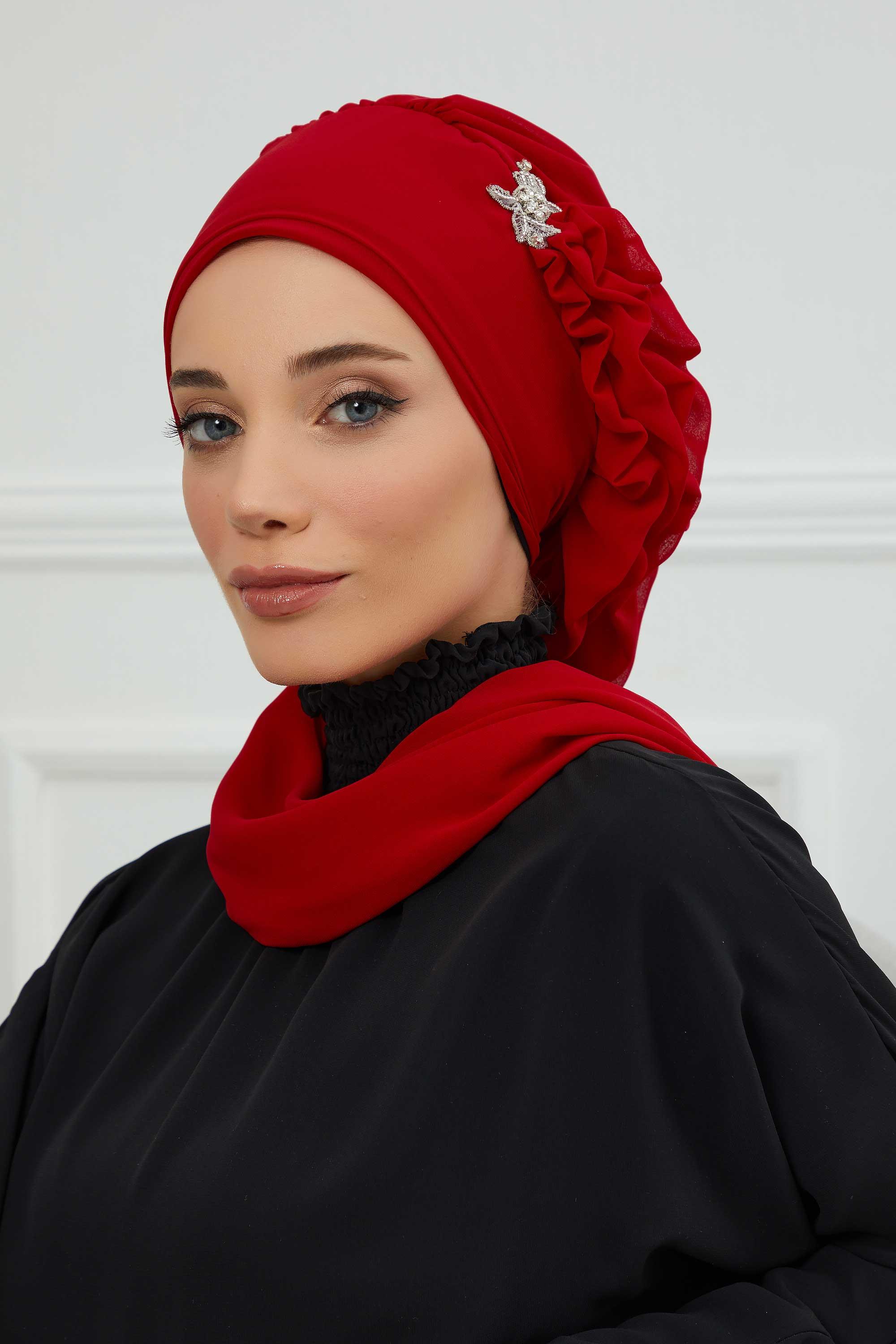 Yandan Fırfırlı Gümüş Aksesuarlı Şifon Hazır Türban,HT-106,HT-106 Kırmızı