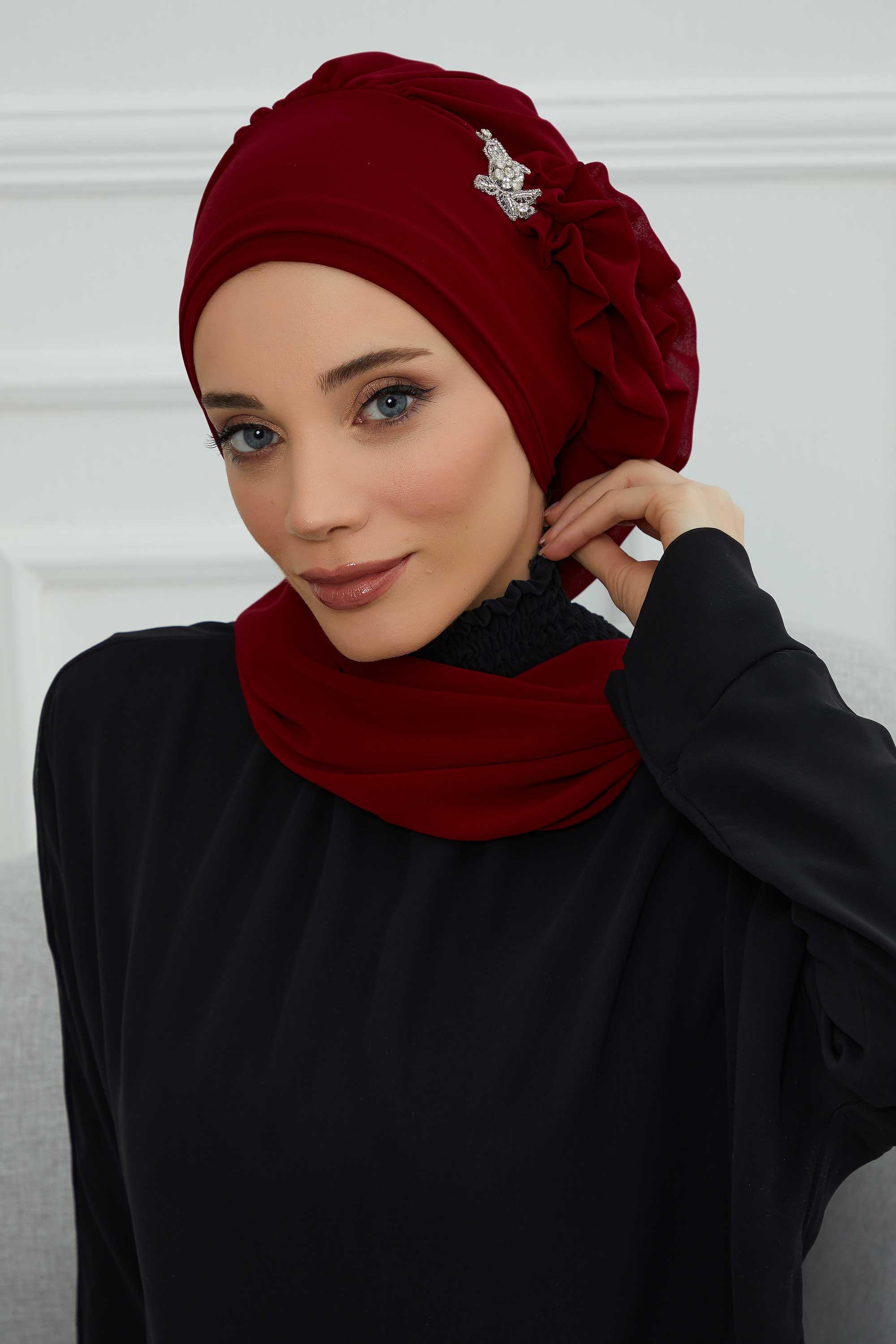 Yandan Fırfırlı Gümüş Aksesuarlı Şifon Hazır Türban,HT-106,HT-106 Bordo