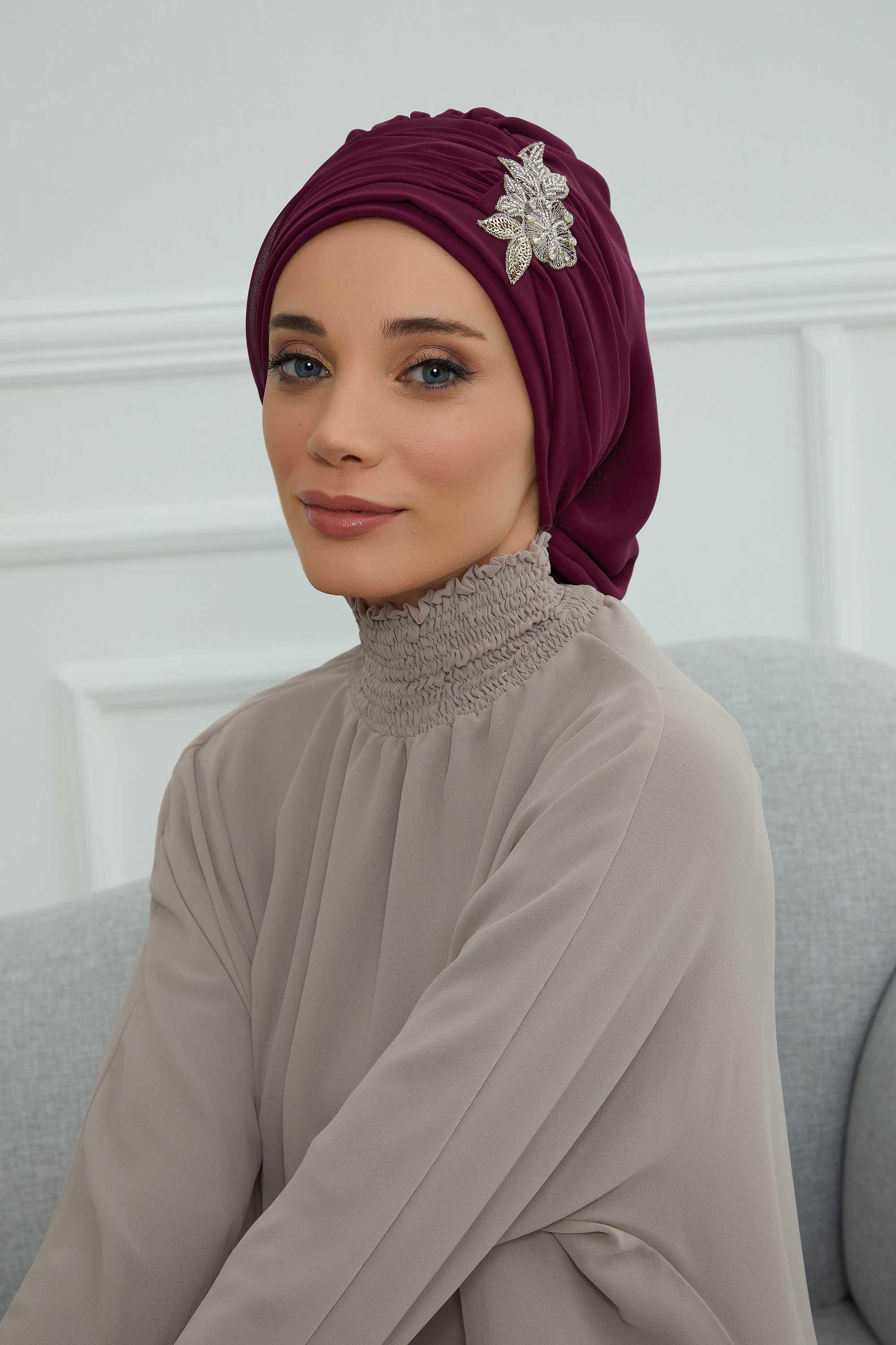 Pileli Taş Çiçek Aksesuarlı Şifon Hazır Türban,HT-105,HT-105 Mürdüm