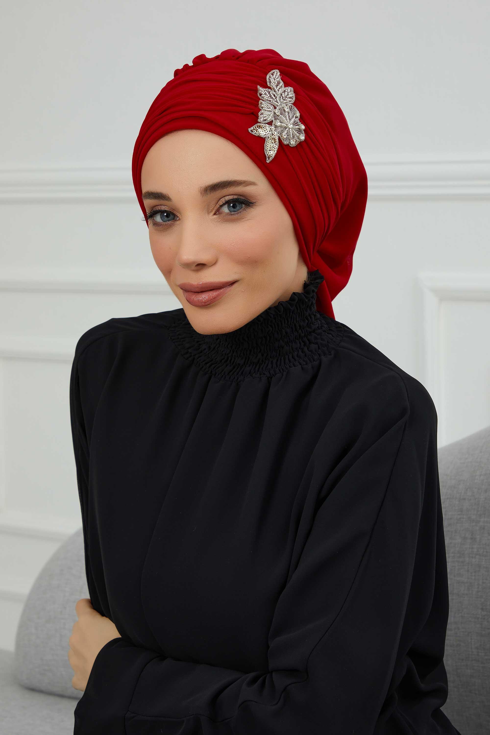 Pileli Taş Çiçek Aksesuarlı Şifon Hazır Türban,HT-105,HT-105 Kırmızı