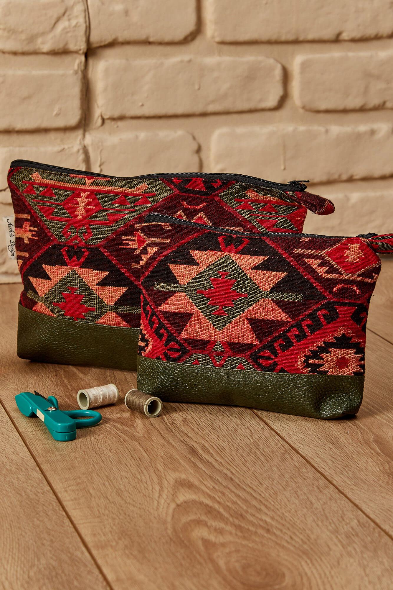 Desenli  El Çantası Büyük,CMB-4A Kilim 1 Desen - Petrol Yeşili