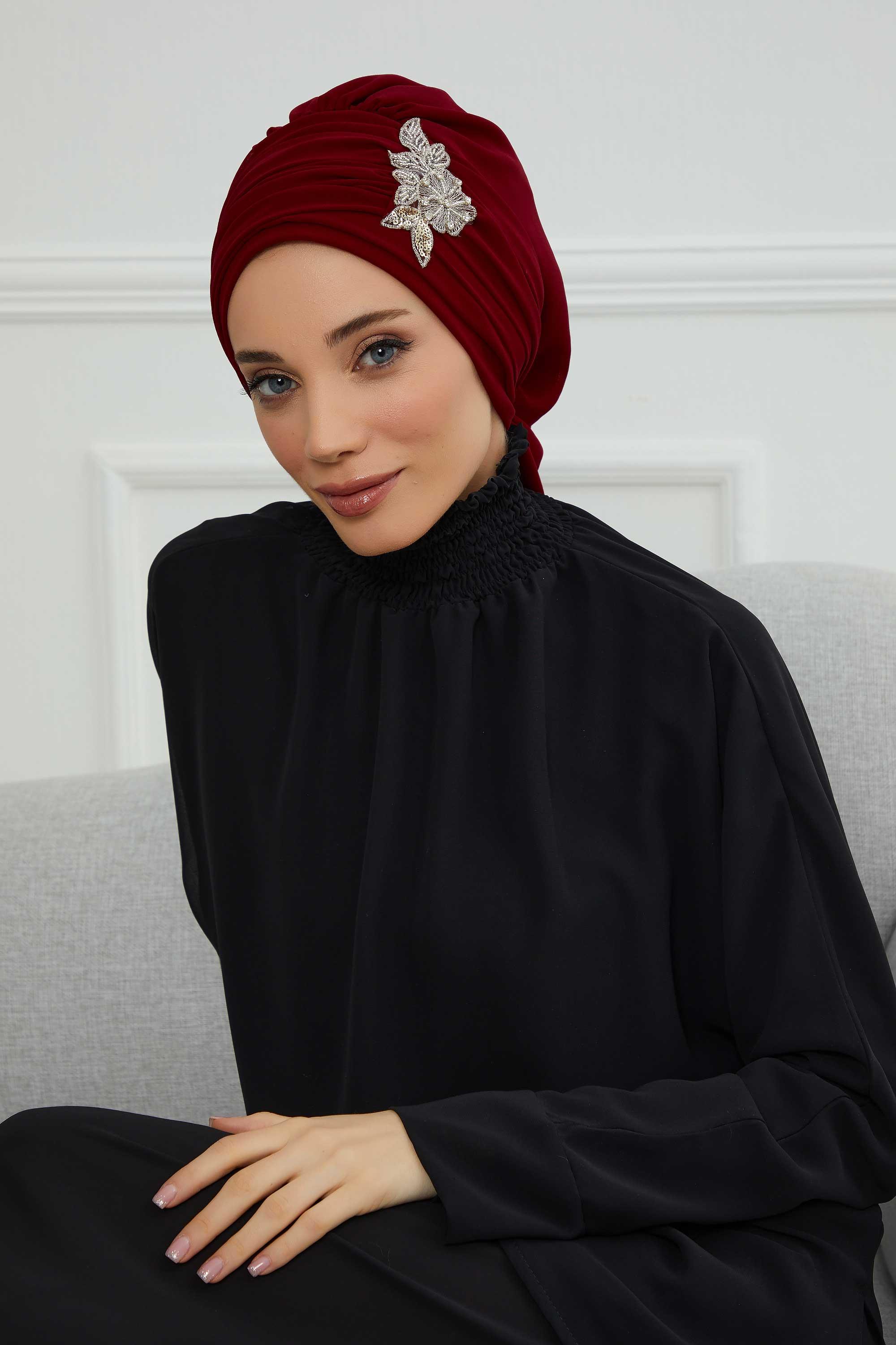 Pileli Taş Çiçek Aksesuarlı Şifon Hazır Türban,HT-105,HT-105 Bordo