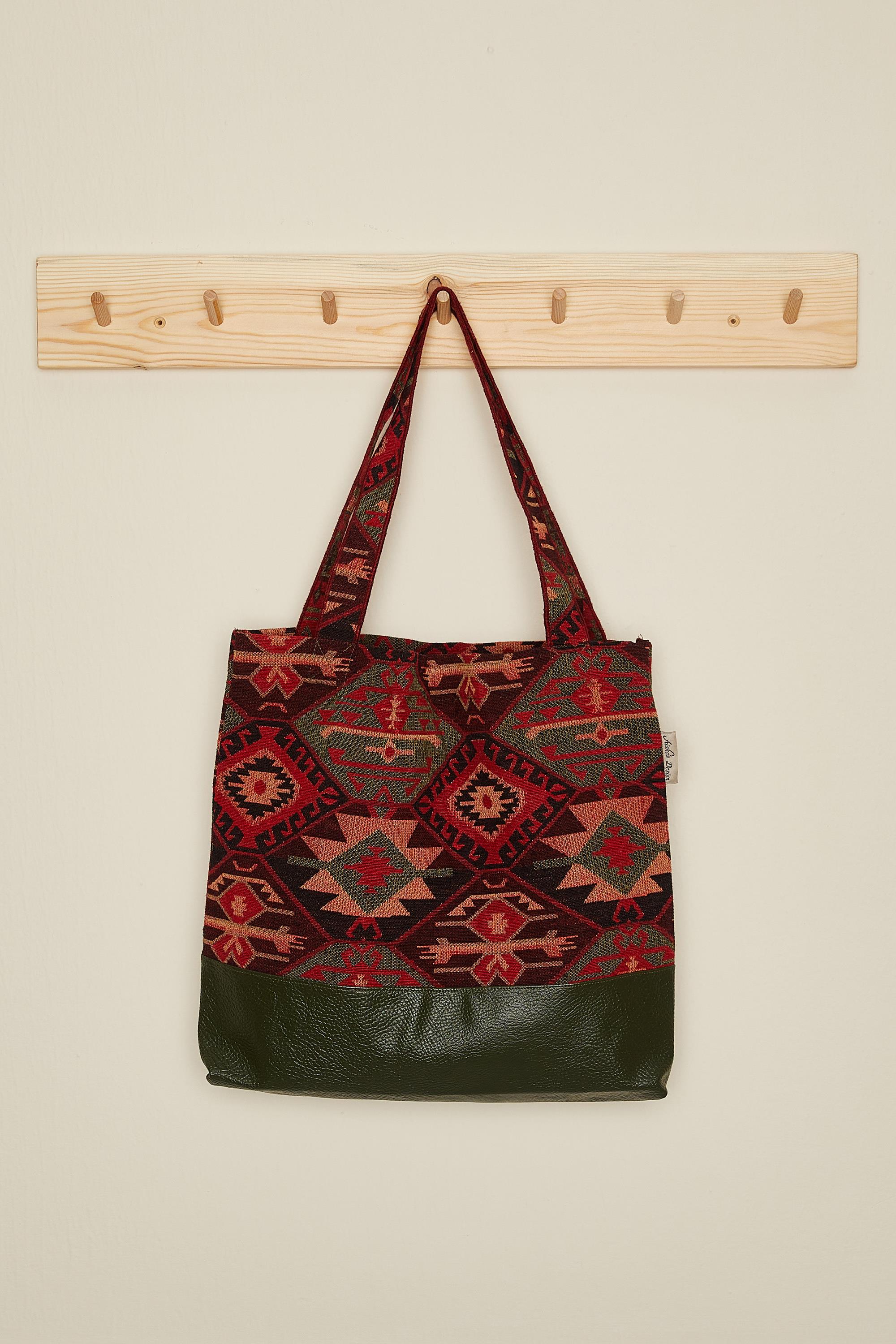 İki Renkli Desenli  Günlük Çanta,CK-1A Kilim 1 Desen - Petrol Yeşili