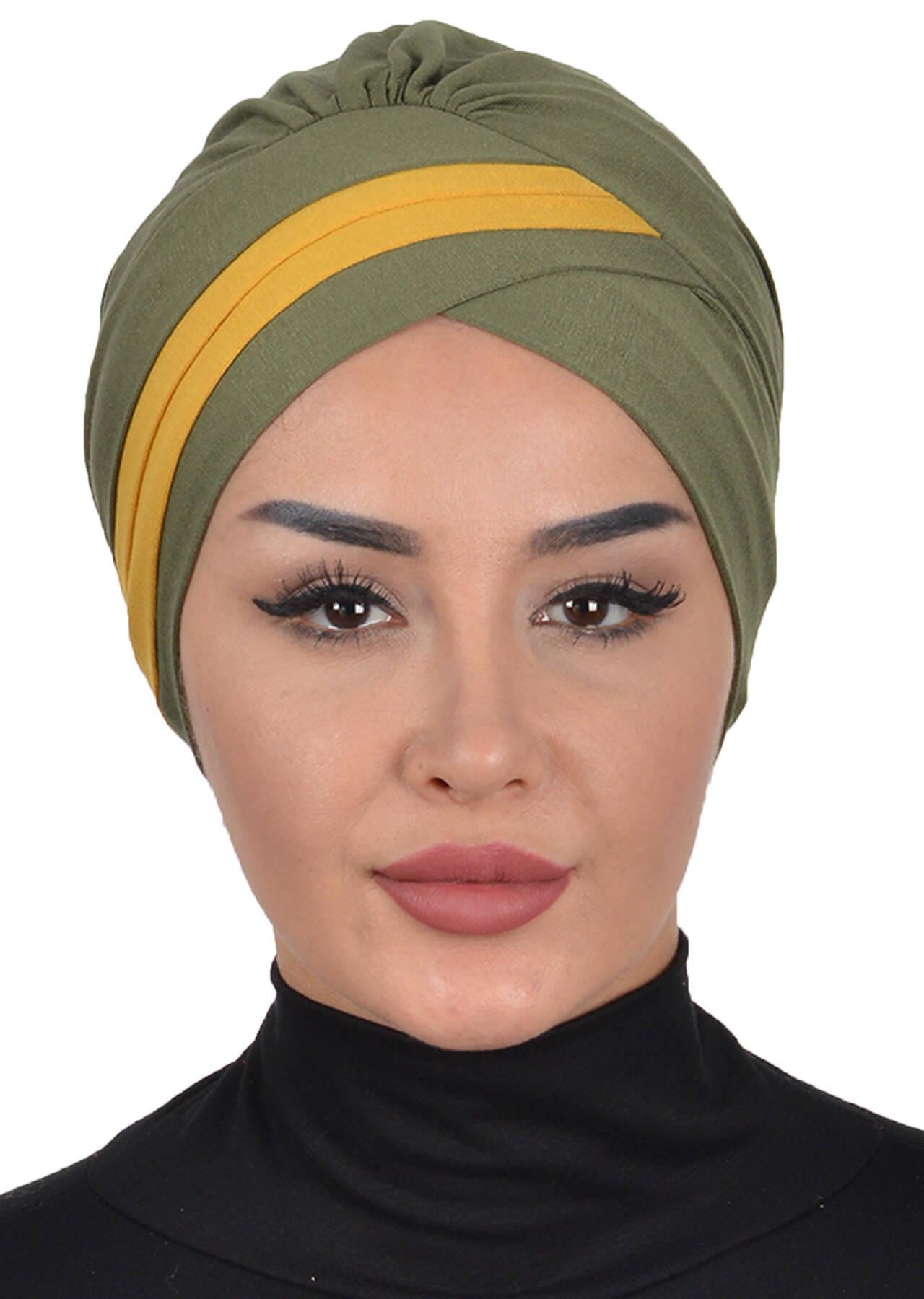 Çift Renkli Penye Bone,B-23 Haki Yeşil - Hardal Sarısı