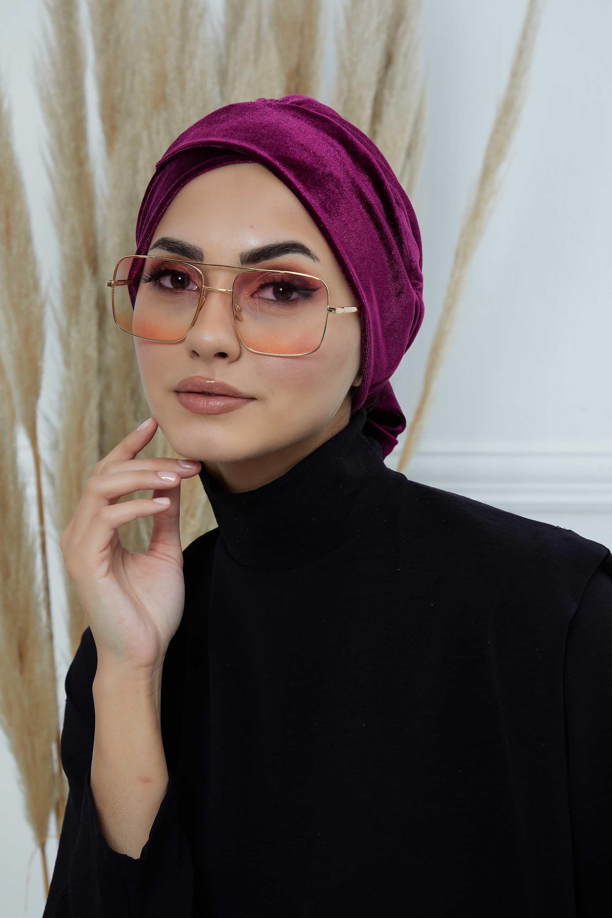 Kuşaklı Kadife Bone,B-31K Mor