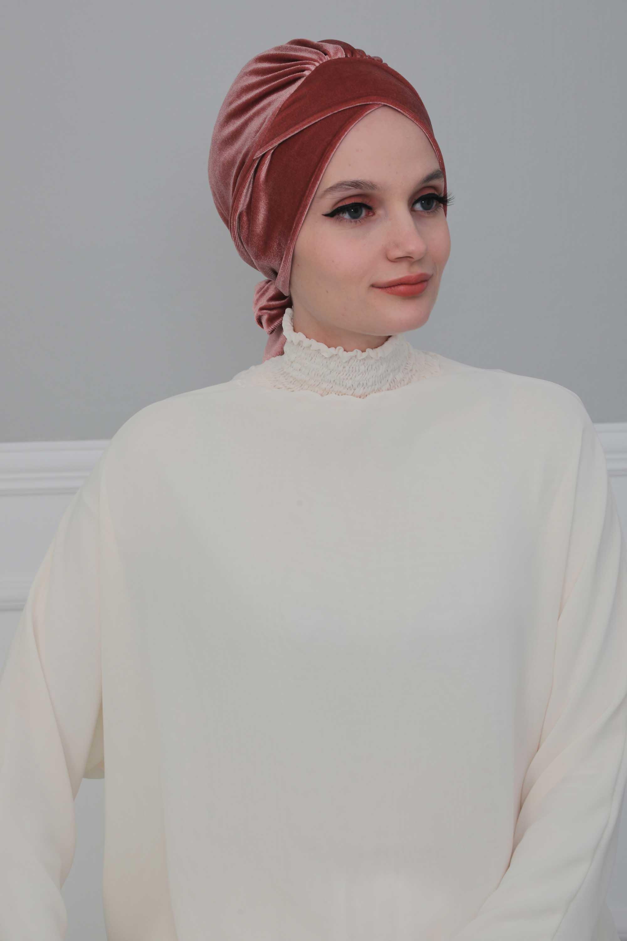 Kuşaklı Kadife Bone,B-31K Gül Kurusu