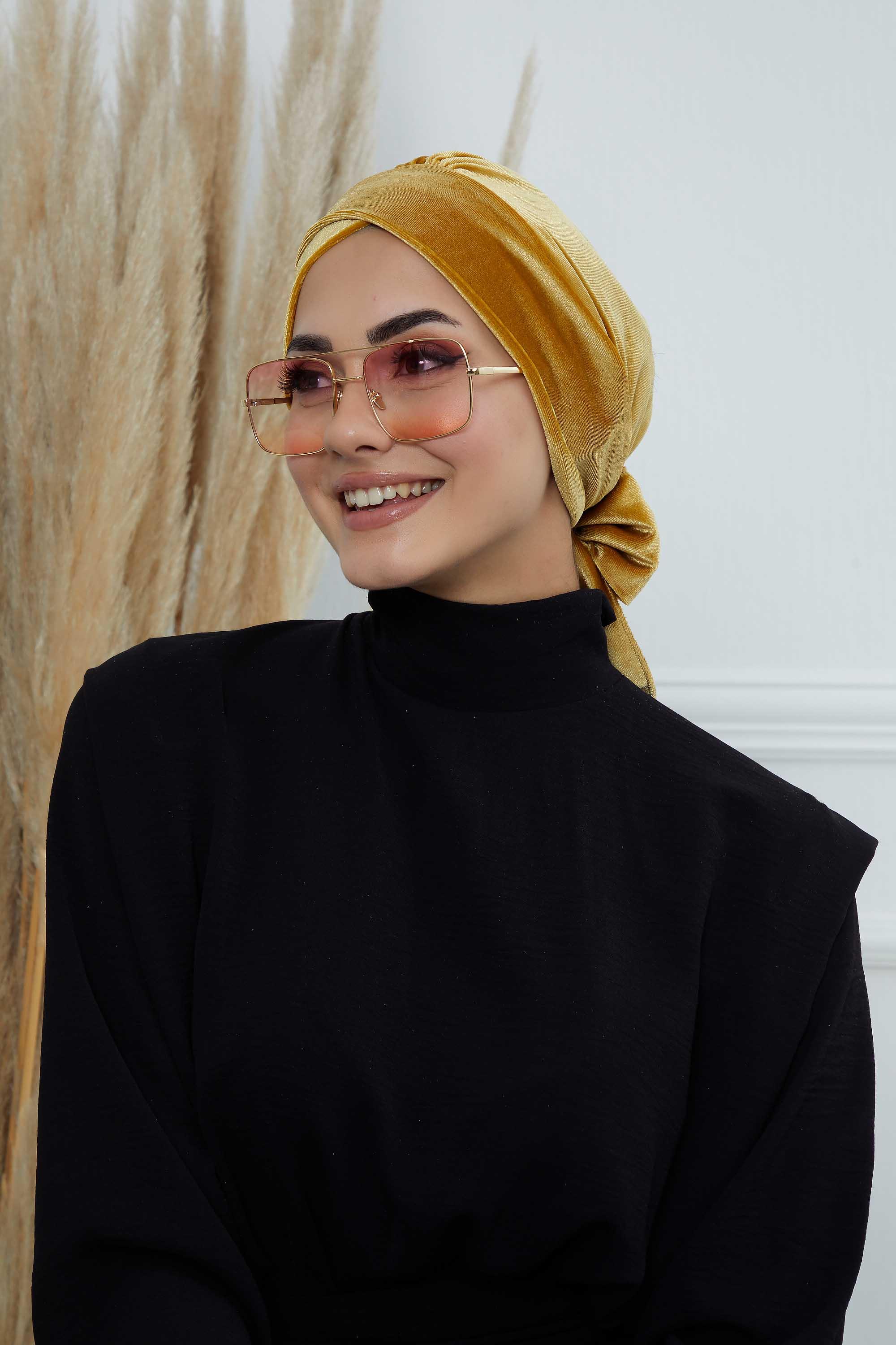 Kuşaklı Kadife Bone,B-31K Hardal