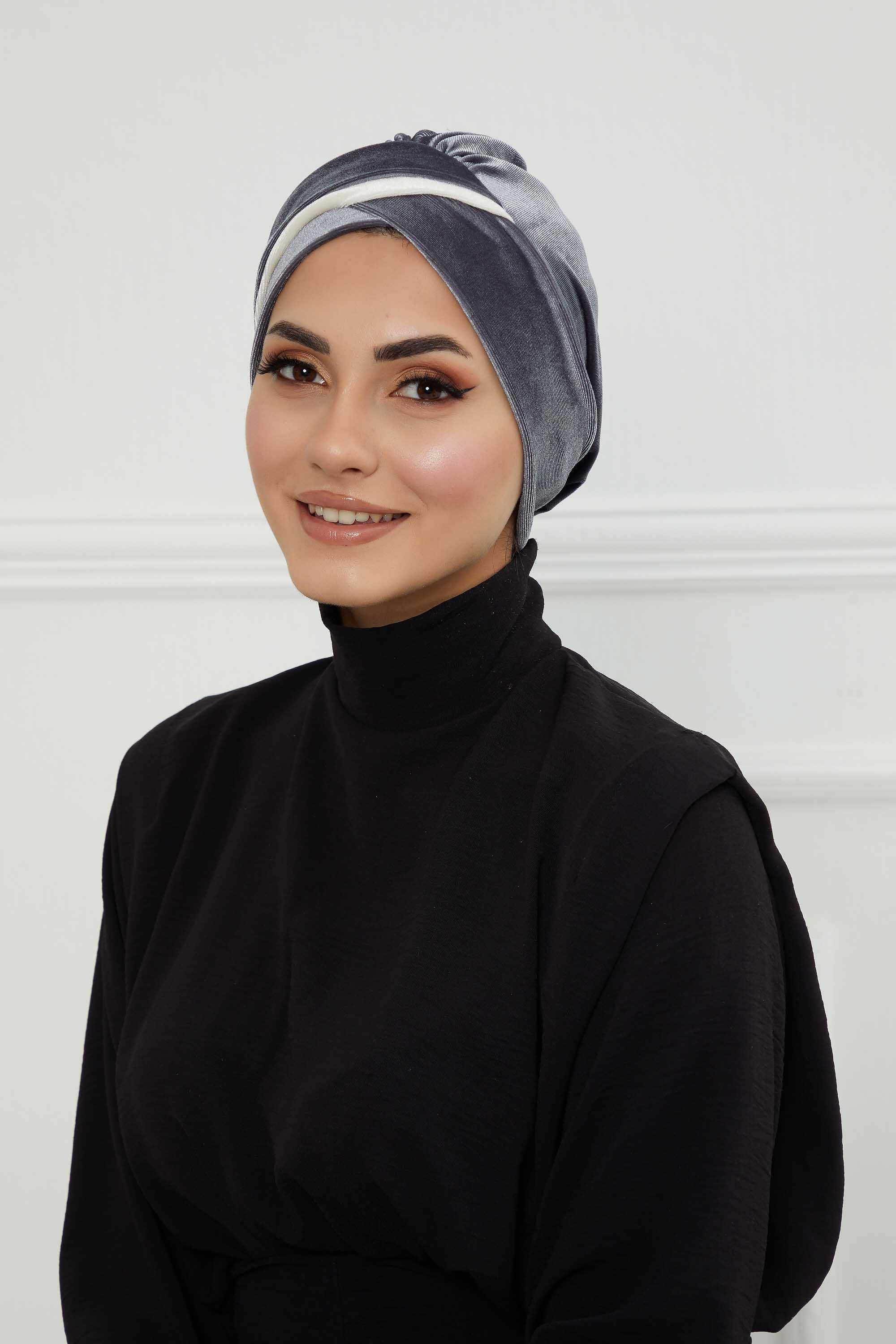 Çift Renkli Kadife Bone,B-23K Gri - Krem