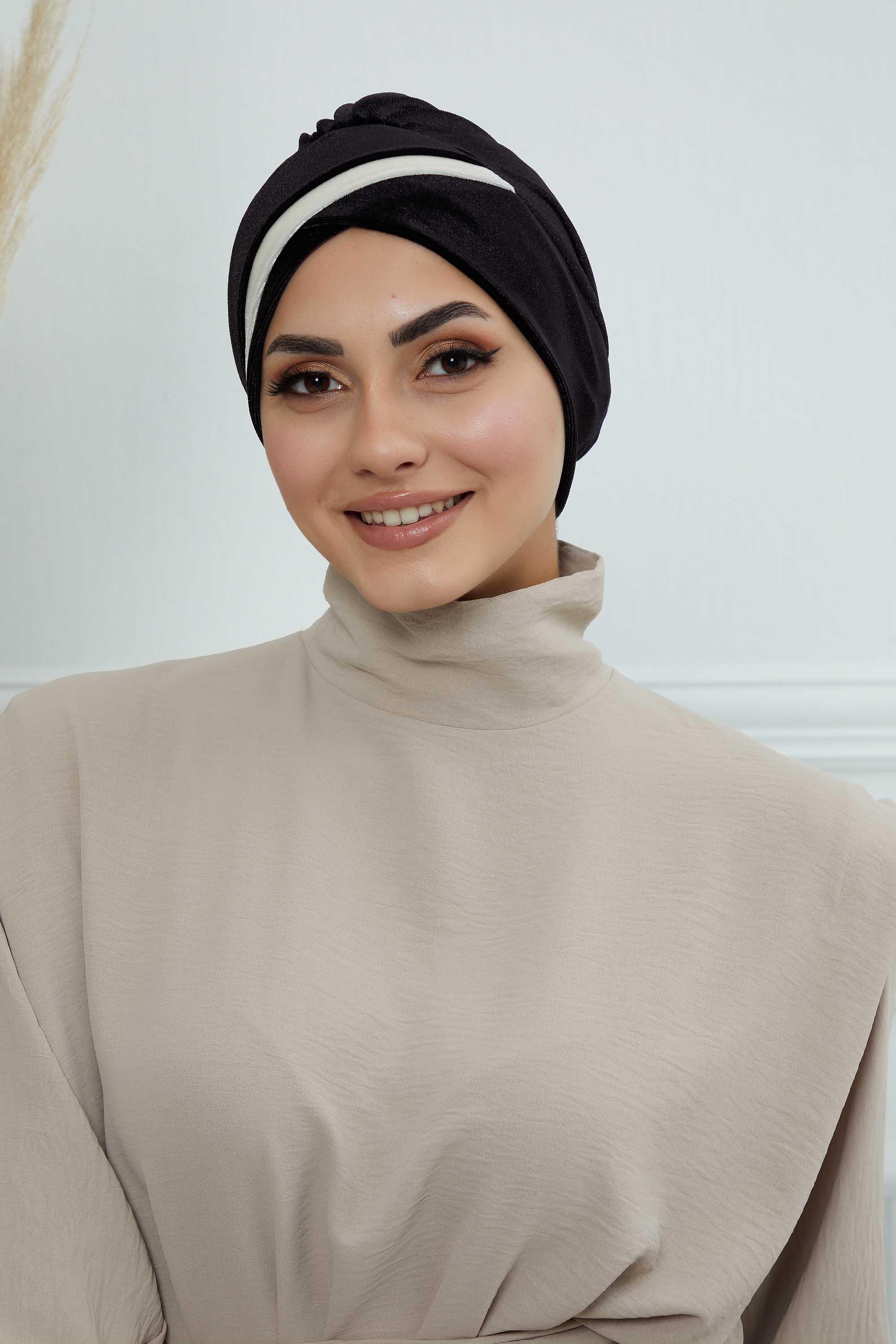 Çift Renkli Kadife Bone,B-23K Siyah - Krem