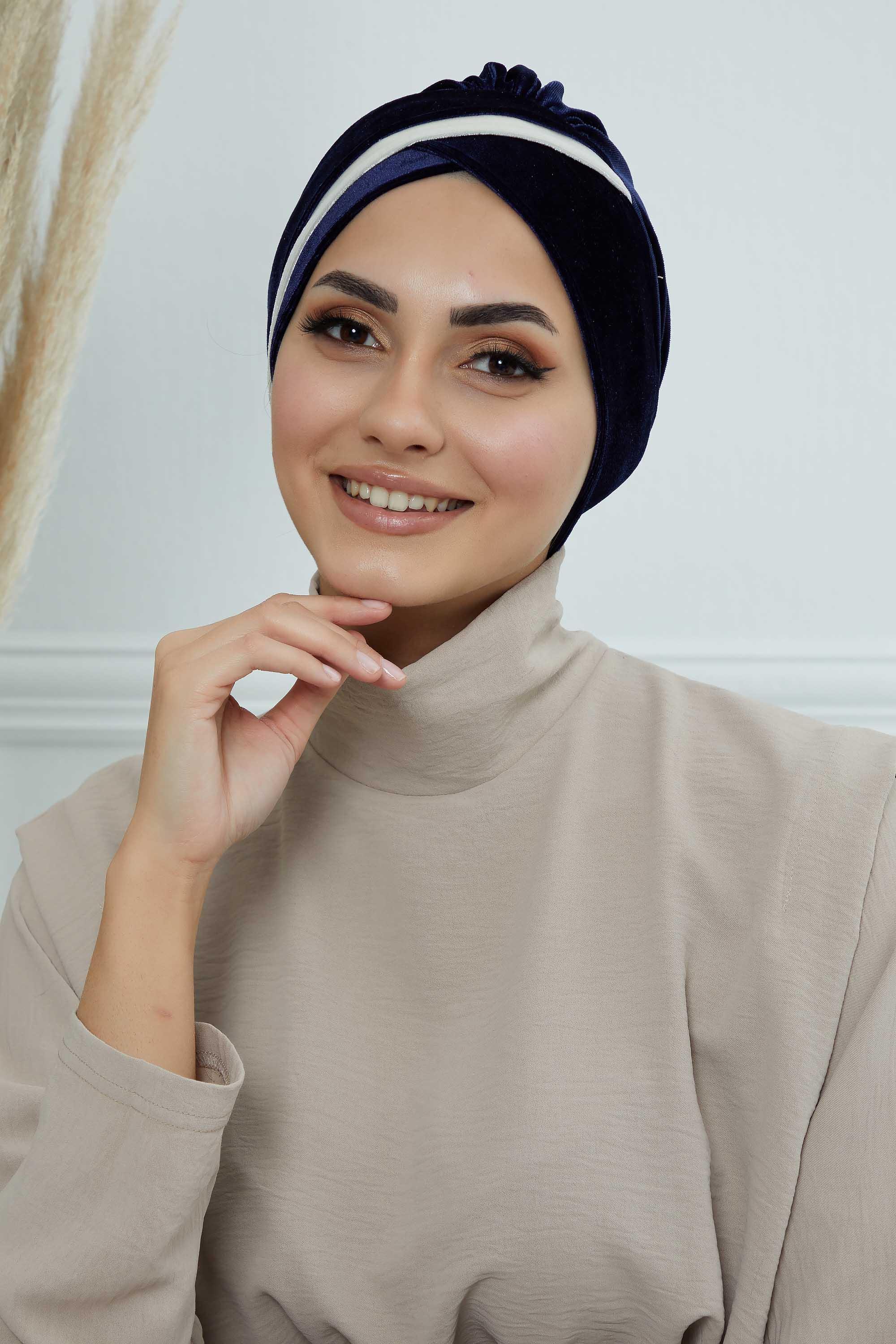 Çift Renkli Kadife Bone,B-23K Lacivert - Krem