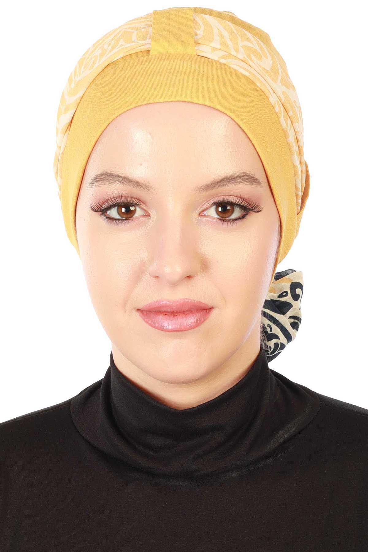Şifon Kuşaklı Penye Bone Desenli,B-36D Hardal Sarısı - Lacivert Sarı