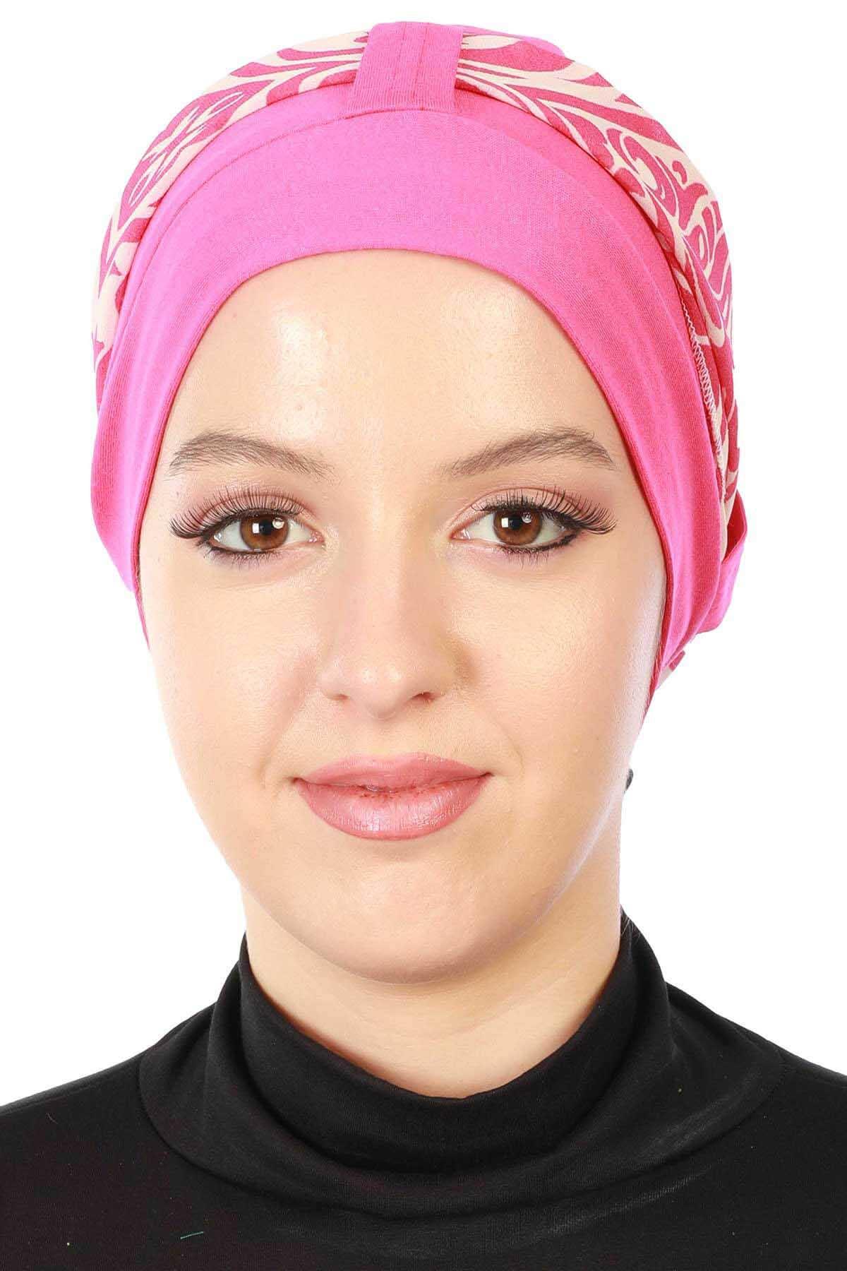 Şifon Kuşaklı Penye Bone Desenli,B-36D Fuşya - Lacivert Fuşya